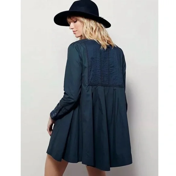 Free People Navy Lace Button Up Long Sleeve Dress Size Medium 100% Cotton - Picture 14 of 14